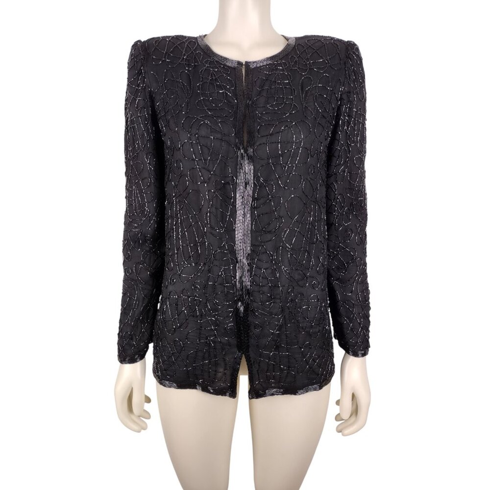 Vintage 1980s Black Pure Silk Beaded Crew Neck Jacket Size Petite Large